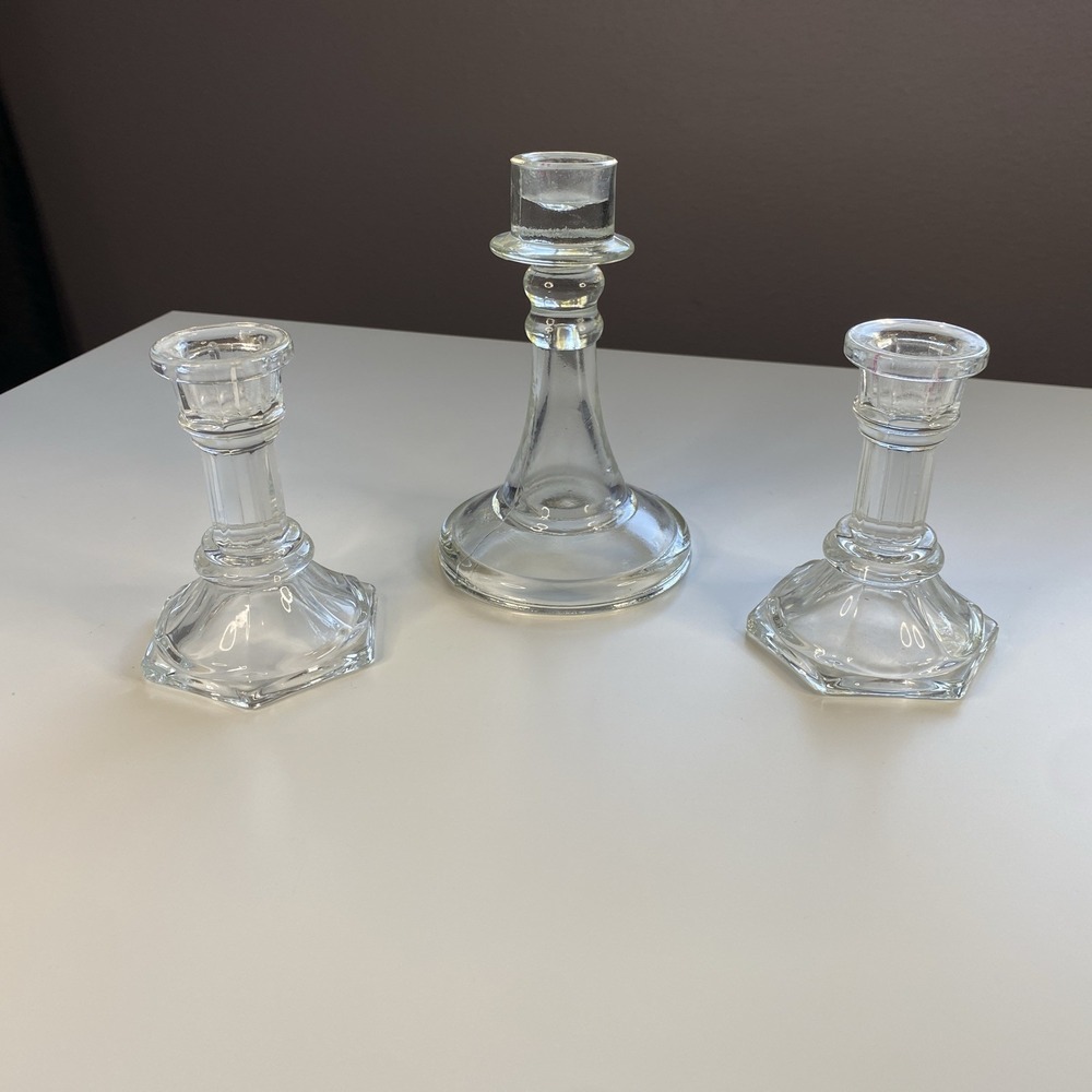 3 Clear Glass Candle Stick Holders ~ 2 - 4" & 1 - 6"